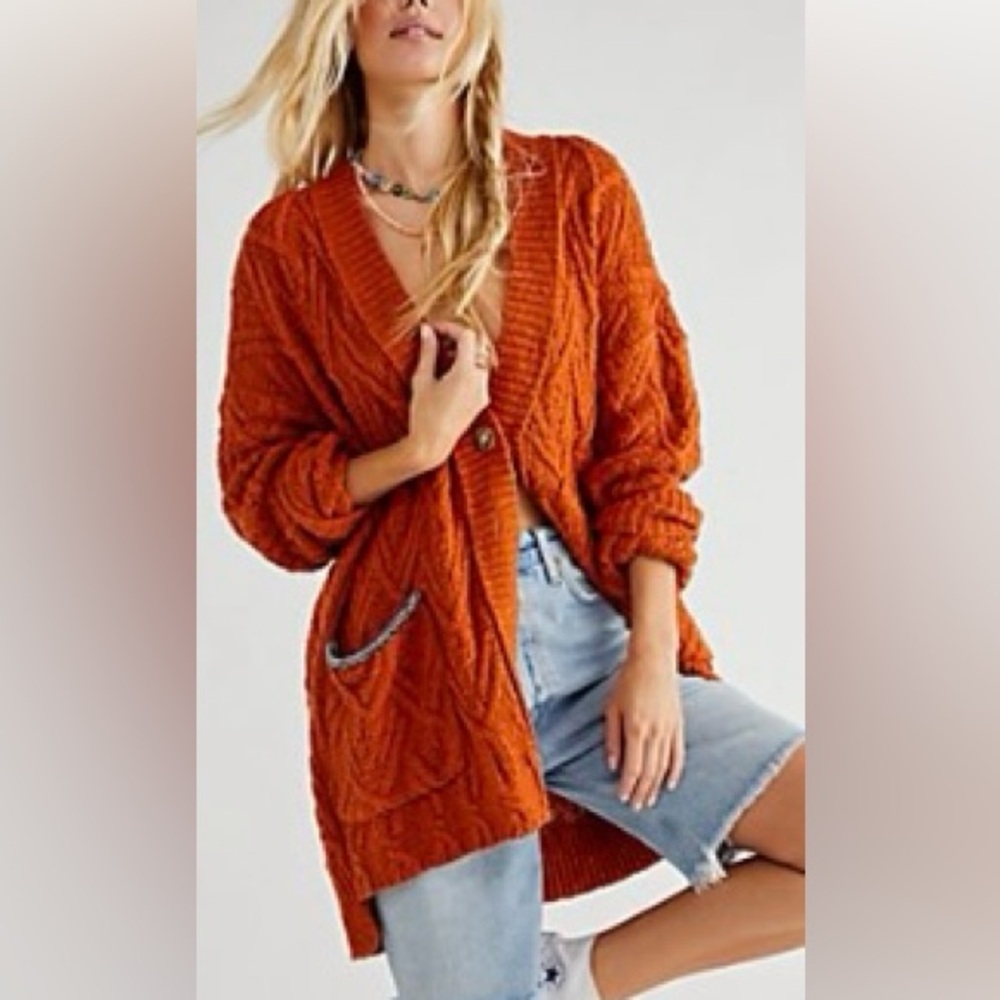 Free People Rust Orange Cable Knit Oversized Cardigan
